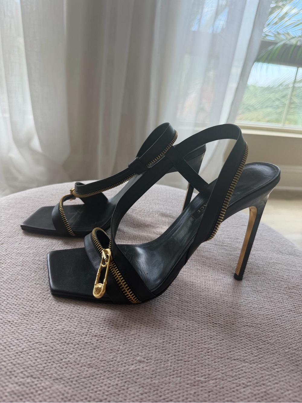 Versace Black Leather Stiletto Sandals with Gold Zipper Trim